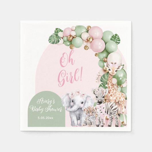 サファリ動物トロピカルグリーンピンクベビーガールシャワー スタンダードカクテルナプキン (正面)