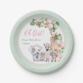 サファリ動物トロピカルグリーンピンクベビーガールシャワー ペーパープレート (正面)