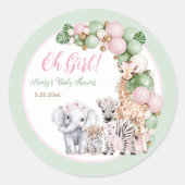 サファリ動物トロピカルグリーンピンクベビーガールシャワー ラウンドシール (正面)