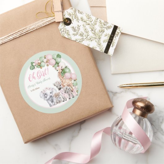 サファリ動物トロピカルグリーンピンクベビーガールシャワー ラウンドシール (ギフト)