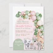 サファリ動物トロピカルグリーンピンクベビーガールシャワー 招待状 (正面)