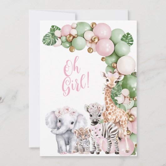 サファリ動物トロピカルグリーンピンクベビーガールシャワー 招待状 (裏面)