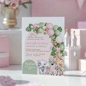 サファリ動物トロピカルグリーンピンクベビーガールシャワー 招待状