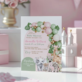 サファリ動物トロピカルグリーンピンクベビーガールシャワー 招待状