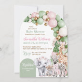 サファリ動物トロピカルグリーンピンクベビーガールシャワー 招待状 (正面)