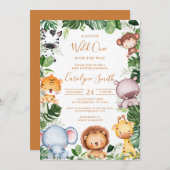 サファリ動物トロピカルグリーンベビーシャワー 招待状 (正面/裏面)