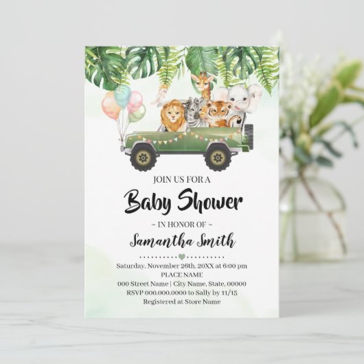 サファリ動物トロピカルジャングル動物園の赤ちゃんシャワー 招待状 (スタンド正面)