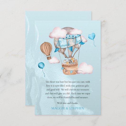 サファリ動物バルーン男の子シャワーありがとう サンキューカード (正面/裏面)