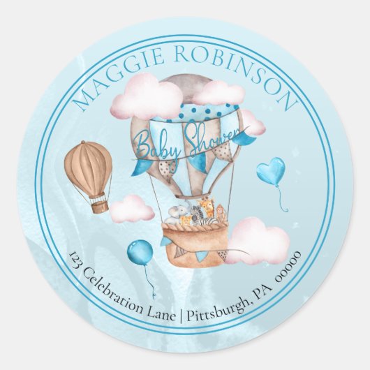 サファリ動物バルーン赤ちゃんシャワー差出人住所 ラウンドシール (正面)