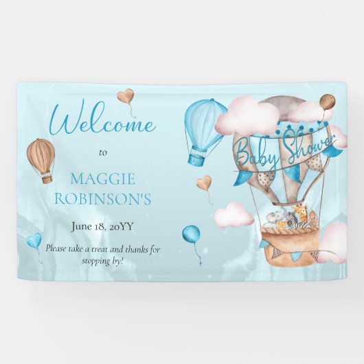 サファリ動物バルーン青い男の子の赤ちゃんシャワー 横断幕 (横)