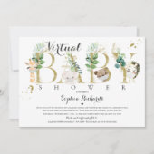 サファリ動物バーチャルベビーシャワー緑の金ゴールド 招待状 (正面)