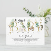 サファリ動物バーチャルベビーシャワー緑の金ゴールド 招待状 (スタンド正面)