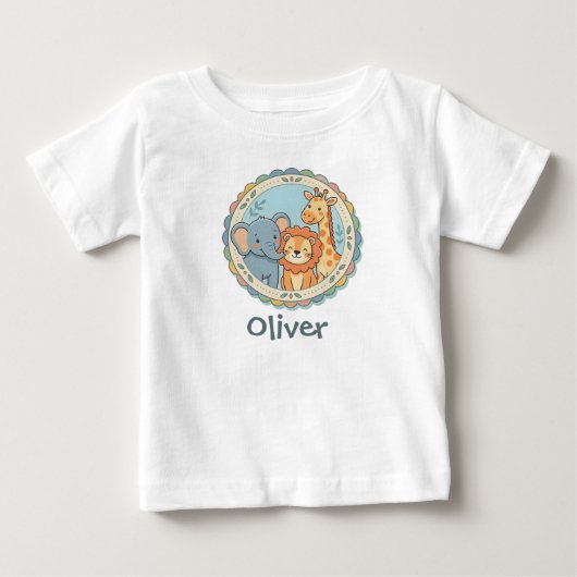 サファリ動物パステル象ライオンキリン ベビーTシャツ (正面)