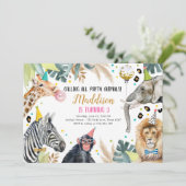 サファリ動物パーティーガール ゴールド ピンク バースデー 招待状 (スタンド正面)