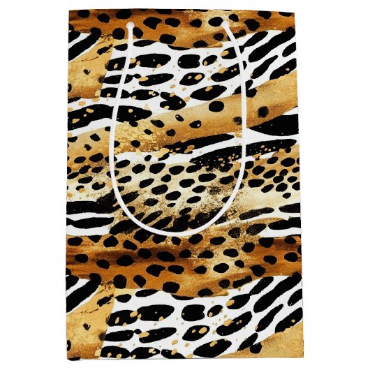 サファリ動物ファープリントパターンワイルドライフボホ ミディアムペーパーバッグ (正面)