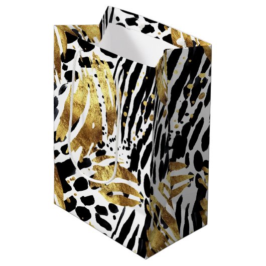 サファリ動物ファープリントパターン金ゴールドと黒 ミディアムペーパーバッグ (正面アングル)