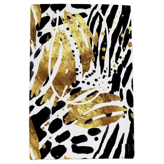 サファリ動物ファープリントパターン金ゴールドと黒 ミディアムペーパーバッグ (正面)