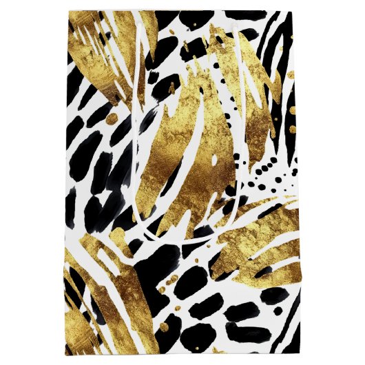 サファリ動物ファープリントパターン金ゴールドと黒 ミディアムペーパーバッグ (裏面)