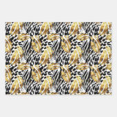 サファリ動物ファープリントパターン金ゴールドと黒 ラッピングペーパーシート (正面3)