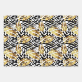 サファリ動物ファープリントパターン金ゴールドと黒 ラッピングペーパーシート (正面)