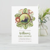 サファリ動物フォトジャングル緑1歳の誕生日 招待状 (スタンド正面)