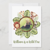 サファリ動物フォトジャングル緑1歳の誕生日 招待状 (裏面)