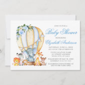 サファリ動物フローラエアバルーンブルーベビーシャワー 招待状 (正面)