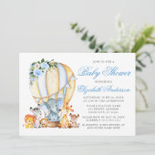 サファリ動物フローラエアバルーンブルーベビーシャワー 招待状 (スタンド正面)