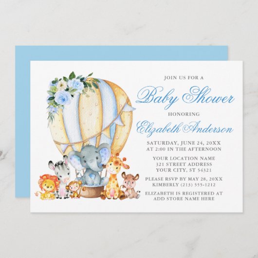 サファリ動物フローラエアバルーンブルーベビーシャワー 招待状 (正面/裏面)