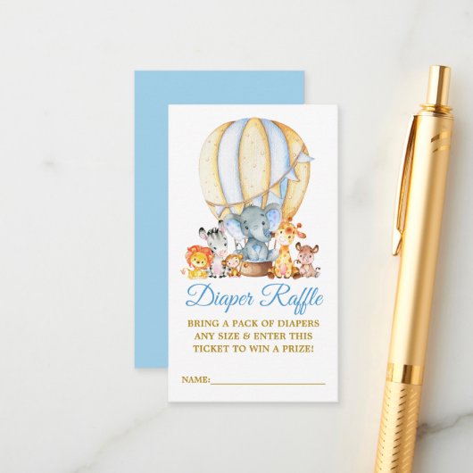 サファリ動物ブルーバルーンおむつラッフルシャワー エンクロージャーカード (正面/裏面インサイチュ)