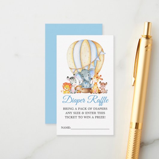 サファリ動物ブルーバルーンシャワーおむつラッフル エンクロージャーカード (正面/裏面インサイチュ)