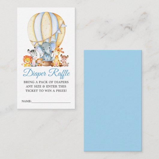 サファリ動物ブルーバルーンシャワーおむつラッフル エンクロージャーカード (正面/裏面)