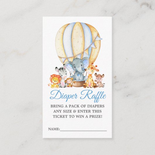 サファリ動物ブルーバルーンシャワーおむつラッフル エンクロージャーカード (正面)