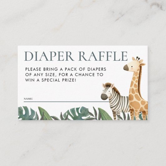 サファリ動物ベビーシャワーおむつラッフル エンクロージャーカード (正面)