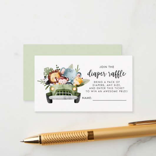 サファリ動物ベビーシャワーおむつラッフル エンクロージャーカード (正面/裏面インサイチュ)
