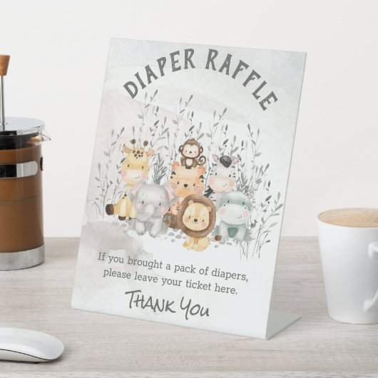 サファリ動物ベビーシャワーおむつラッフル 台座サイン (インサイチュ)