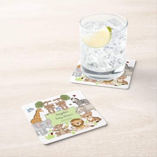 サファリ動物ベビーシャワーパーティー食器 スクエアペーパーコースター (インサイチュ)
