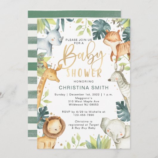 サファリ動物ベビーシャワー招待状 招待状 (正面/裏面)