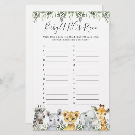 サファリ動物ベビーシャワーABCのレースゲーム (正面/裏面)