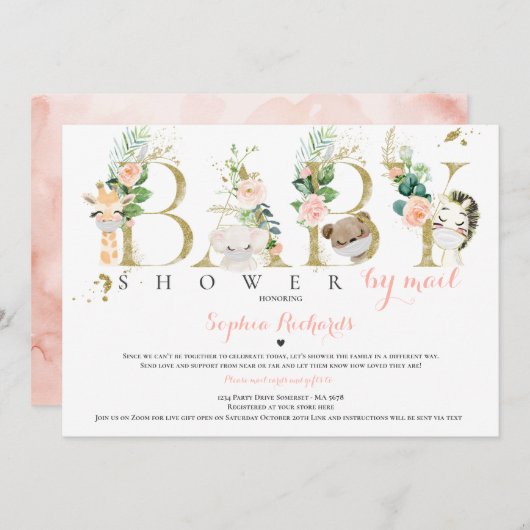 サファリ動物ベビーシャワーbyメール緑の金ゴールド 招待状 (正面/裏面)