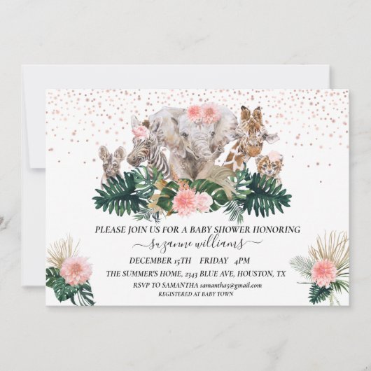 サファリ動物ベビーピンクジャングルシャワー 招待状 (正面)