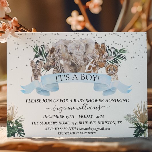サファリ動物ベビーブルーボーイジャングルシャワー 招待状