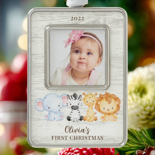 サファリ動物ベビー初 シルバープレートフレームオーナメント