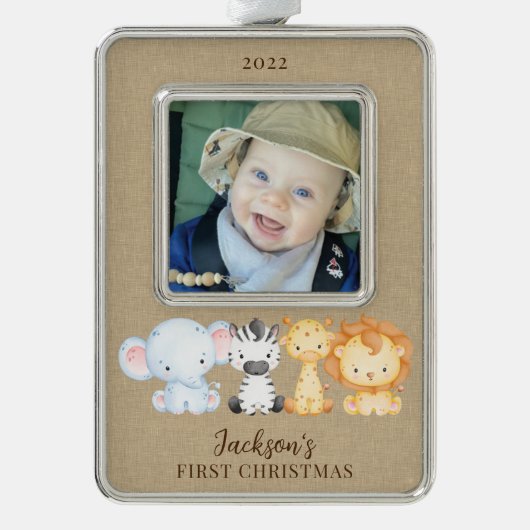 サファリ動物ベビー初 シルバープレートフレームオーナメント (正面)