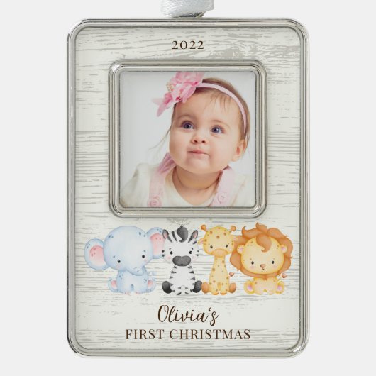 サファリ動物ベビー初 シルバープレートフレームオーナメント (正面)