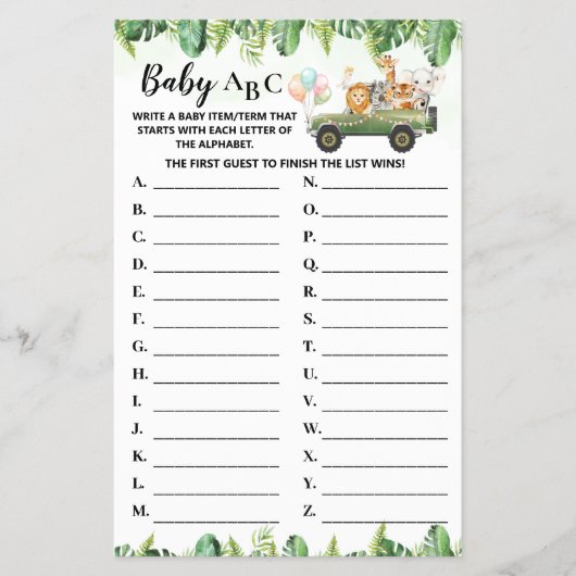 サファリ動物ベビーABCベビーシャワーゲームカード チラシ (正面)
