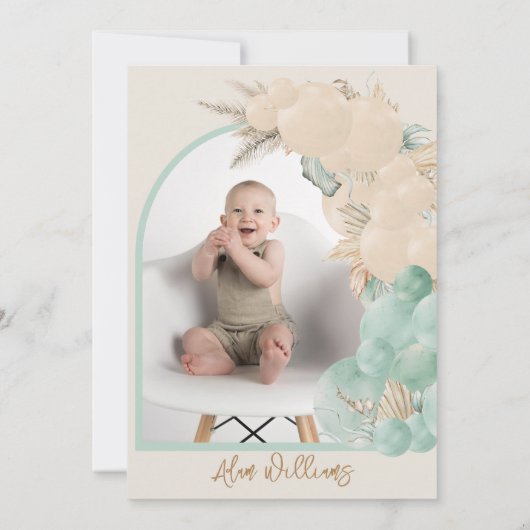 サファリ動物ボホバルーンボーイ1st誕生日の写真 招待状 (裏面)