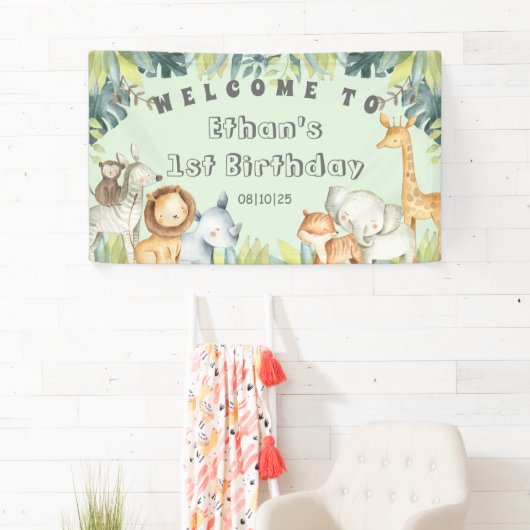 サファリ動物ミントジャングル1歳の誕生日  横断幕 (インサイチュ)