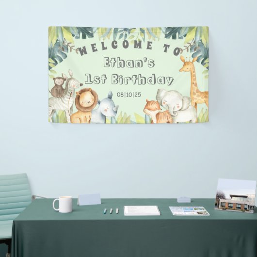 サファリ動物ミントジャングル1歳の誕生日  横断幕 (トレードショー)