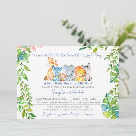 サファリ動物ワイルドジャングルボーイ赤ちゃんシャワーインビタット 招待状 (スタンド正面)